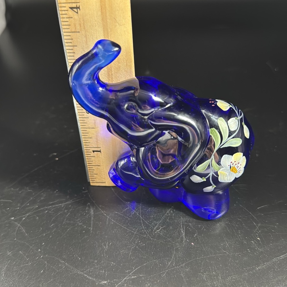 Fenton Cobalt Blue Glass Elephant Figurine with Hand Painted Floral Design - Picture 5 of 6